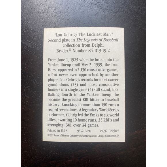 DELPHI LOU GEHRIG THE LUCKIEST MAN LARGE 8" PLATE BRADFORD EXCHANGE - Picture 7 of 7